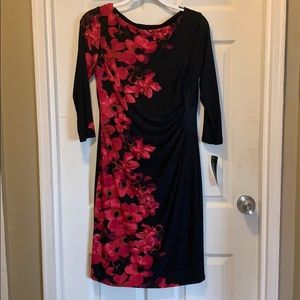 Black dress with red floral pattern